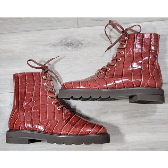 Stuart Weitzman Bootie Women's 8 Cardamom Mila Lift Croc Leather Combat New - Picture 4 of 11